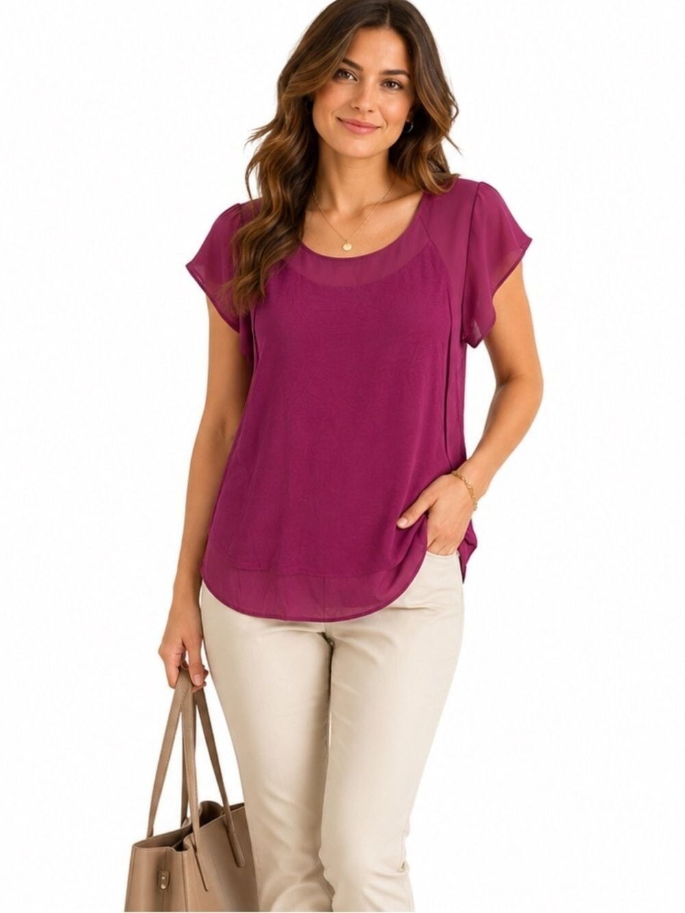 Camber & Grace Pink Chiffon Blouse Ruffled Sleeved Short Sleeve Colorful Summer
